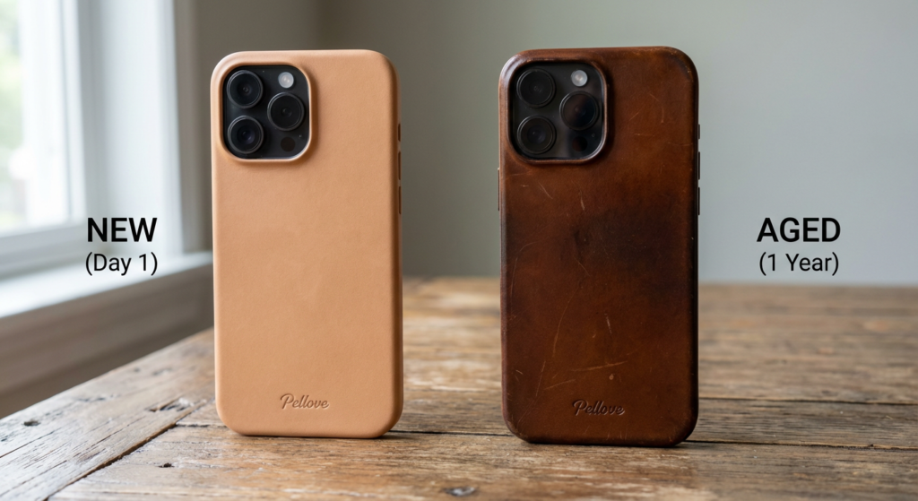 Vegetable tanned leather phine case day1 vs 1year