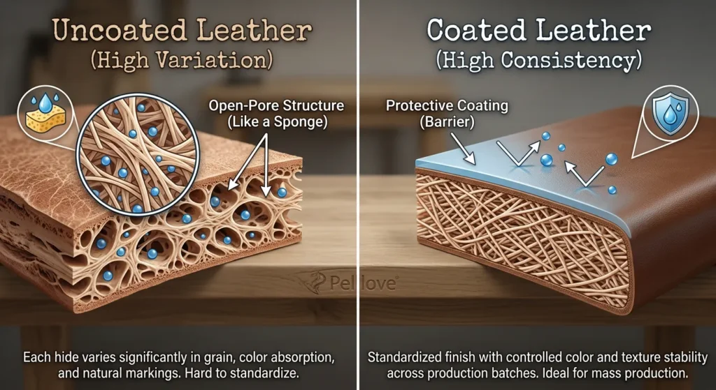 Micro visual of uncoated leather and coated leather