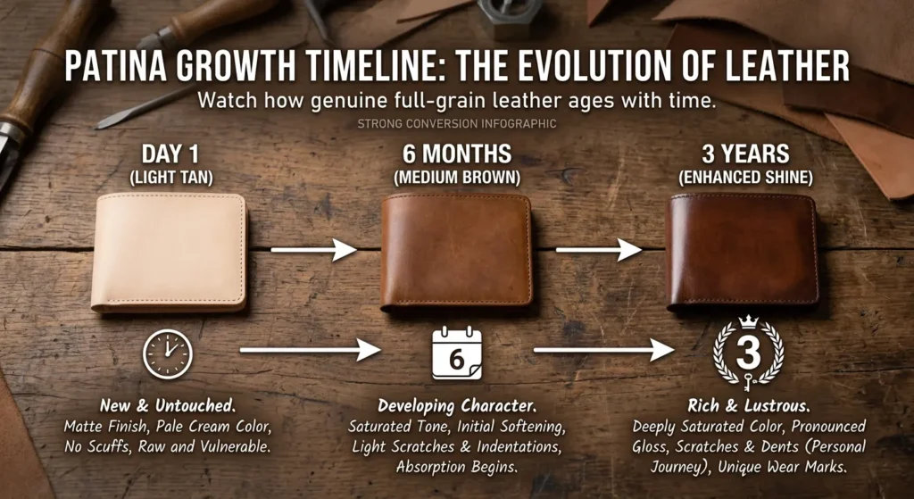 Full grain leather with patina