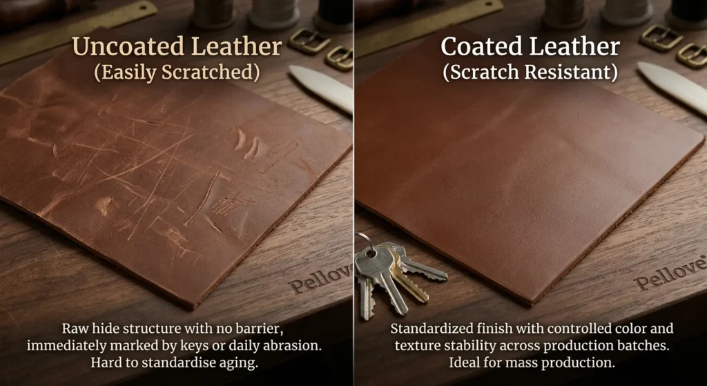 Scratch between uncoated leather and coated leather