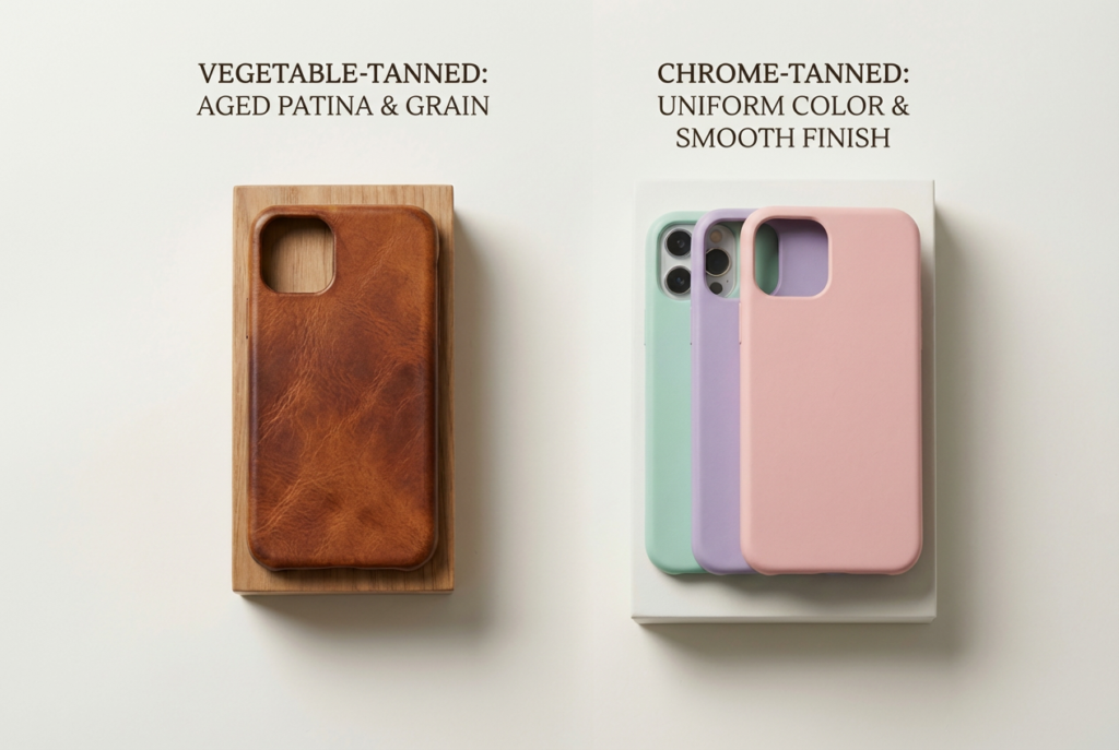 vegetable tanned leather phone case vs chrome leather phone case