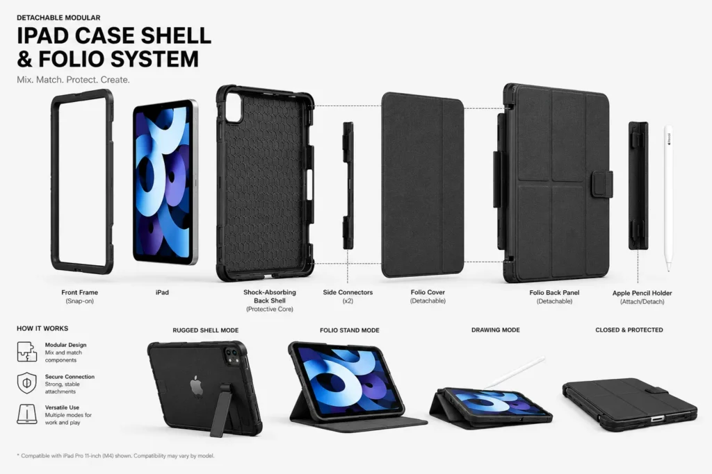 Exploded view of detachable modular iPad case shell and folio system