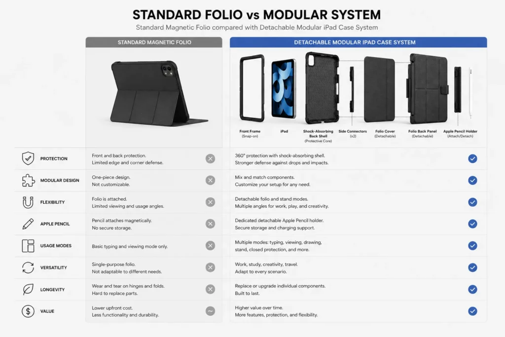 Standard magnetic folio compared with detachable modular iPad case system